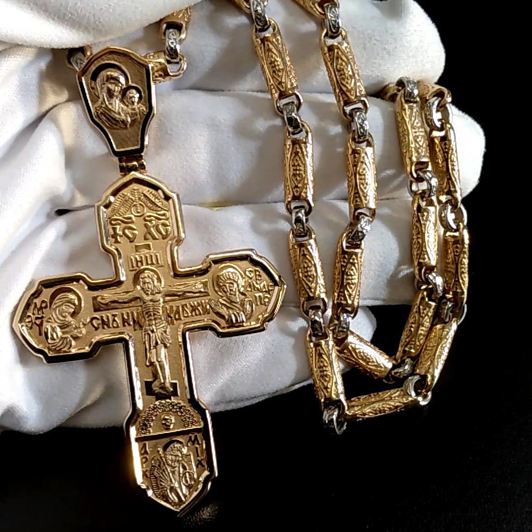Золотой крестик с ликами святых на заказ