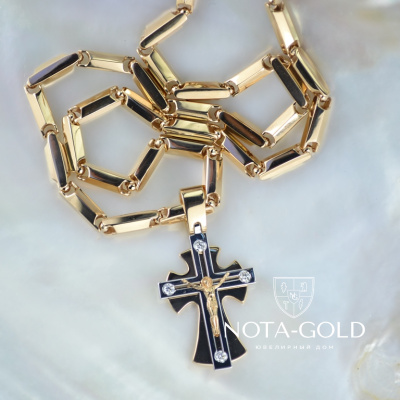 Эксклюзивный мужской крест из золота с крупными бриллиантами на золотой цепочке плетения Грань (Вес 61 гр.)