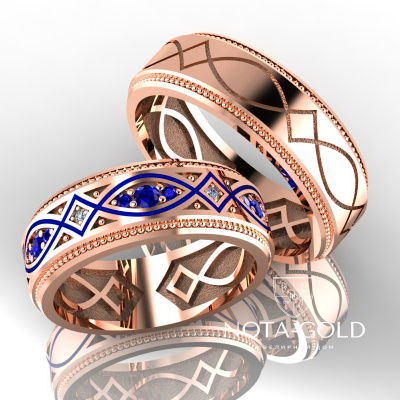 Обручальные кольца Элеганс с бриллиантами, сапфирами и эмалью из красного золота (Вес пары: 12,5 гр.)