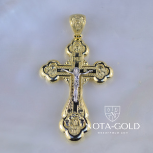 Эксклюзивный крест из жёлтого золота Распятие Иисуса Христа и лик Божья Матерь (Вес: 15,5 гр.)