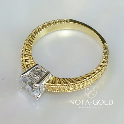 Помолвочное кольцо двухцветное с растительным рельефным узором и крупным бриллиантом 0,6 карат  (Вес: 6 гр.)
