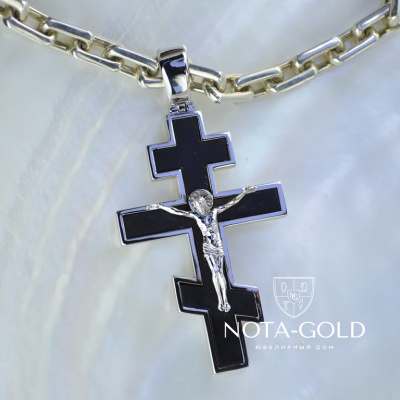 Большой мужской крест с чёрной эмалью из белого золота (Вес: 18 гр.)