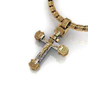 Нательный православный мужской крестик с узором из двухцветного белого и жёлтого золота (Вес: 32 гр.)