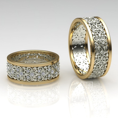 Парные обручальные кольца с ажурным орнаментом, бриллиантами и сапфирами (Вес пары: 15 гр.)