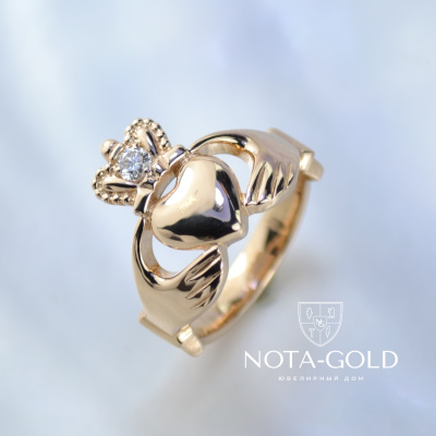Кладдахское кольцо из красного золота с крупным бриллиантом в короне (Вес: 7 гр.)