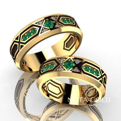Обручальные кольца Палас с изумрудами и бриллиантами, с чёрной эмалью (Вес пары:16 гр.)