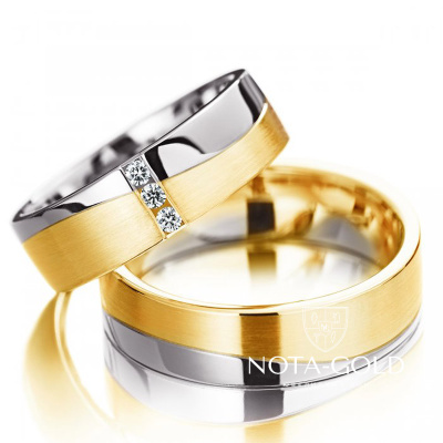 Матовые двухцветные обручальные кольца с бриллиантами на заказ (Вес пары: 13 гр.)