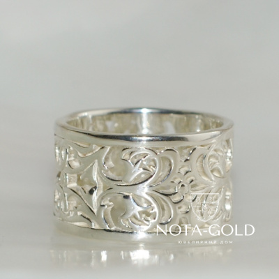 Ажурное кольцо из белого золота с растительным узором на заказ (Вес: 9 гр.)