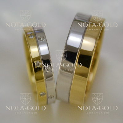 Двухцветные глянцевые свадебные кольца с бриллиантами в женском кольце на заказ (Вес пары: 13 гр.)