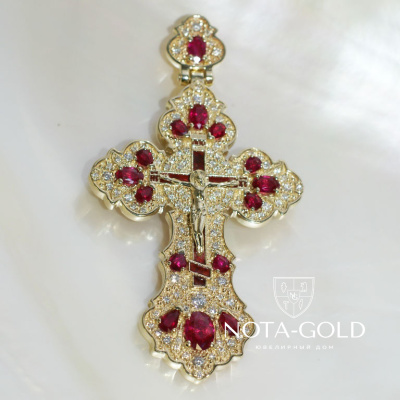 Крест из золота с рубинами и бриллиантами на заказ (Вес: 32 гр.)