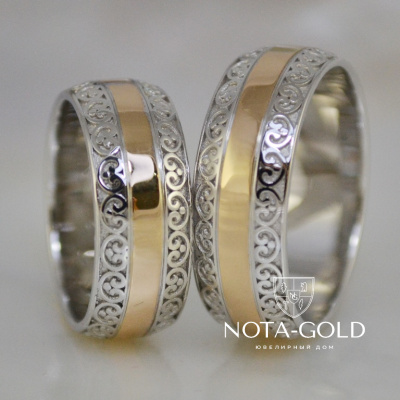 Обручальные кольца с орнаментом двухцветные на заказ (Вес пары: 15 гр.)