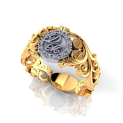Ажурное именное золотое кольцо с бриллиантами, инициалами и площадкой под гравировку (Вес: 5 гр.)