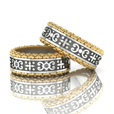 Обручальные кольца с орнаментом трёхцветные с бриллиантами (Вес пары:19,5 гр.)