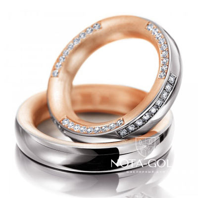 Двухцветные обручальные кольца круглого сечения с бриллиантами на заказ (Вес пары: 12 гр.)
