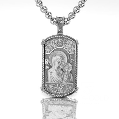 Жетон иконка из белого золота с изображением иконы Казанской Божией Матери и молитвой на обороте (Вес: 17 гр.)