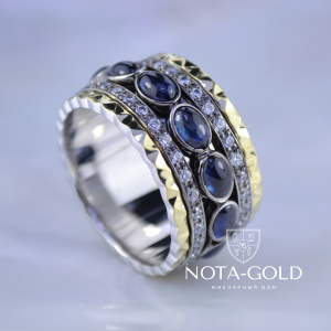 Эксклюзивное кольцо с вращающимся центральным элементом из золота с сапфирами кабошон и бриллиантами (Вес: 25 гр.)