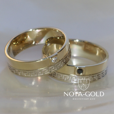 Двухцветные обручальные кольца с орнаментом и бриллиантами на заказ (Вес пары: 12 гр.)