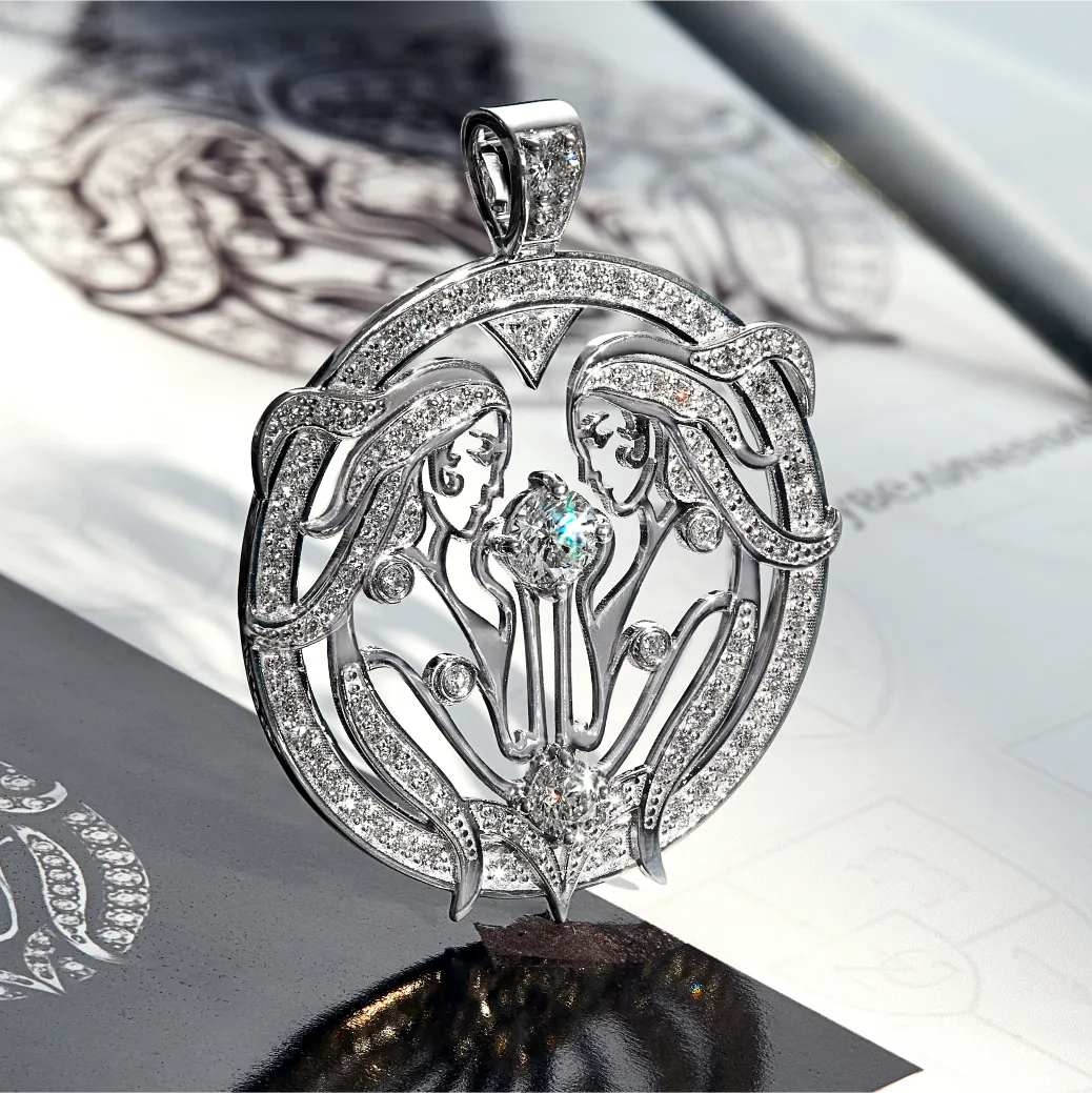 Подвеска знак Зодиака Близнецы из белого золота с бриллиантами Подвеска знак Зодиака Близнецы из белого золота с бриллиантами