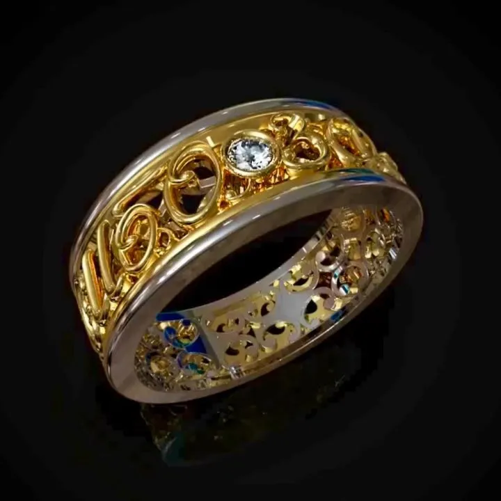 Ажурное кольцо из двух видов золота с бриллиантом «СПАСИБО ЗА ДЕТЕЙ»