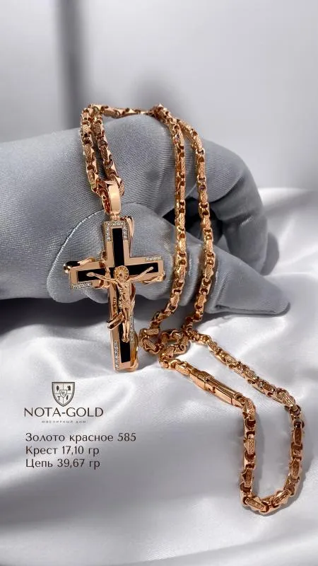 Мужская цепочка с православным нательным крестом из красного золота с бриллиантами и агатом