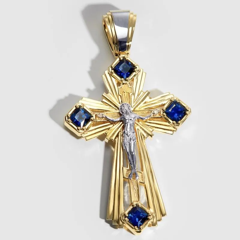 Православный нательный крест из желтого и белого золота с сапфирами