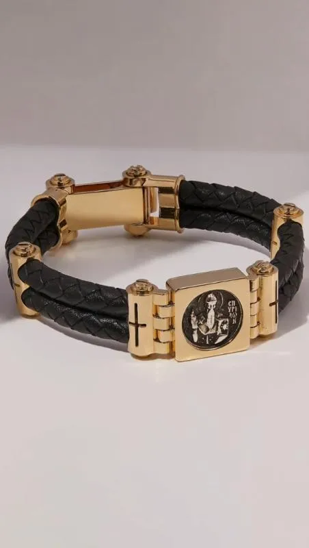 Кожаный браслет со вставками из желтого золота и серебра