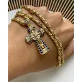 Православный крест из желтого золота с сапфирами на цепочке эксклюзивного плетения Краб малый