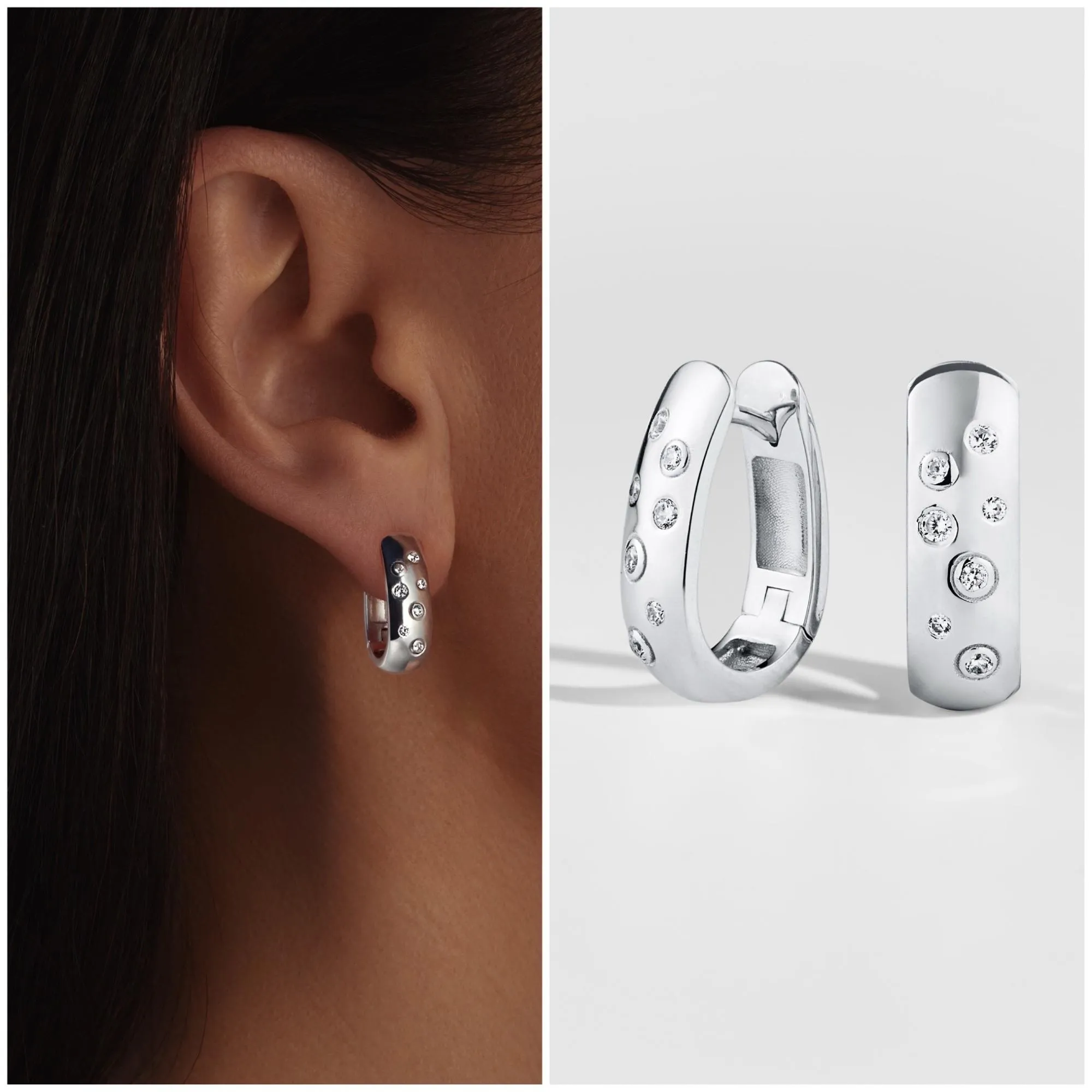 Широкие серьги из белого золота с бриллиантами разных размеров Широкие серьги из белого золота с бриллиантами разных размеров