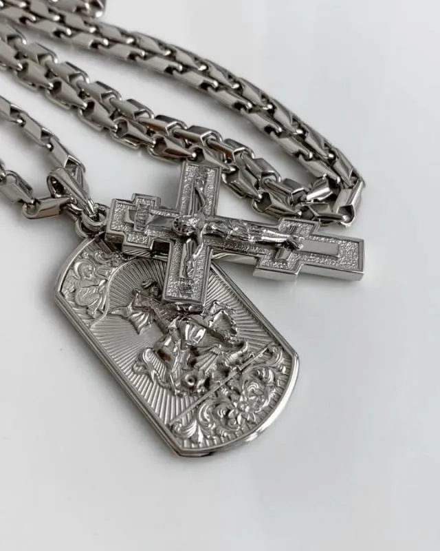 Золотой нательный крест и жетон св Георгий Победоносец на цепочке эксклюзивного плетения Рыбка