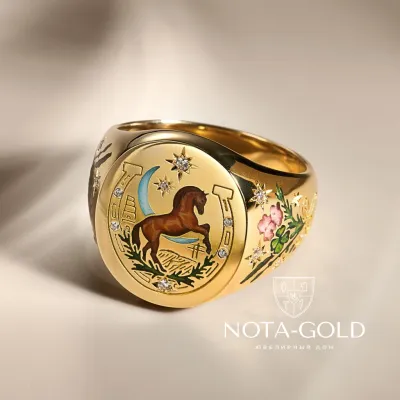 Золотая печатка с бриллиантами, гравировкой и росписью горячая эмаль (Вес 30,4 гр.)