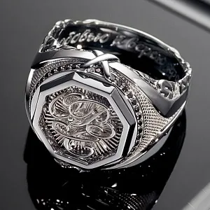 Мужское кольцо из платины с монограммой и черными бриллиантами (Вес 31,5 гр.)  