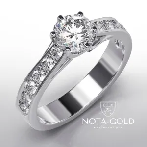 Кольцо из белого золота с бриллиантом 0,7ct и дорожкой бриллиантов (Вес 3,4 гр. )