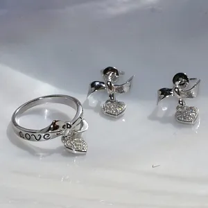 Комплект ювелирных украшений из белого золота - Кольцо и серьги с сердечком и бантиком i love you на заказ (Вес: 7 гр.)