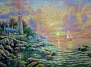 Картина морской пейзаж маслом на холсте - море, закат, маяк и парусник 40x70 см