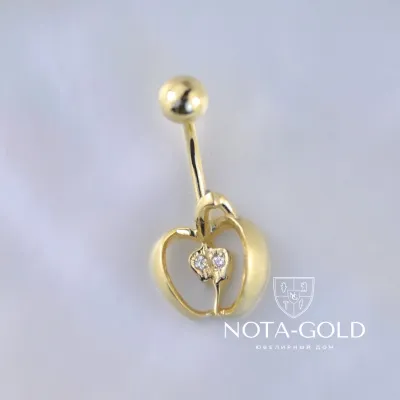 Золотой пирсинг Яблоко на заказ из жёлтого золота с бриллиантами (Вес 2 г.)
