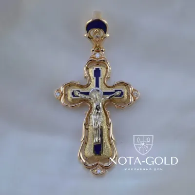 Золотой крестик с синей эмалью и бриллиантами (Вес 10 гр.)