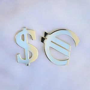 Сувениры из жёлтого золота в виде доллара $ и евро € (Вес: 5 гр.)