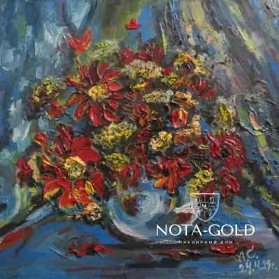 Картина маслом на холсте - Яркие цветы в вазе на столе 40x40 см