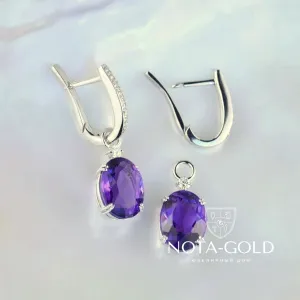 Серьги-подвески из белого золота с аметистом и бриллиантами (Вес: 7 гр.)