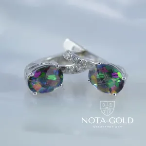 Серьги с топазами мистик и бриллиантами из белого золота (Вес: 3,5 гр.)