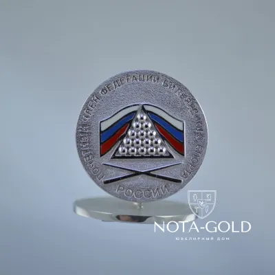 Значок из белого золота Почётный член Федерации бильярдного спорта России (вес 7,3 гр.)