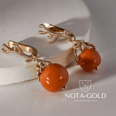 Серьги кораллы из красного золота с кораллами (Вес: 9,5 гр.)