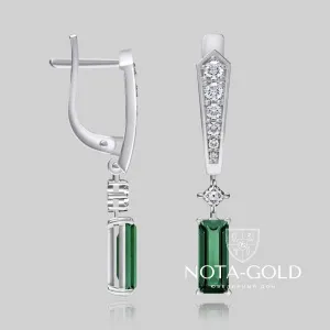 Серьги-подвески из платины с изумрудами и бриллиантами (Вес 9 гр.)