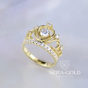 Женское кольцо из жёлтого золота с короной и бриллиантами (Вес: 3,5 гр.)