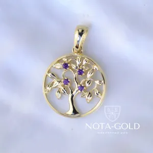 Подвеска Дерево жизни из желтого золота с аметистами (Вес: 3 гр.)