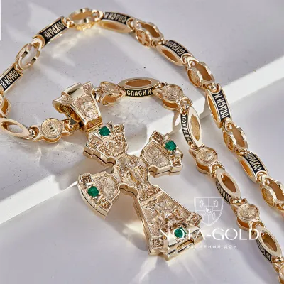Раскрывающейся крест-мощевик из золота с изумрудами на золотой цепочке 12 апостолов (Вес 140 гр.)