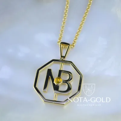 Кулон подвеска с инициалами NB из жёлтого золота с  янтарём (Вес: 11 гр.)