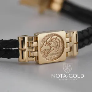 Золотой браслет Козерог из плетёной кожи с гравировкой (Вес: 32,6 гр.)