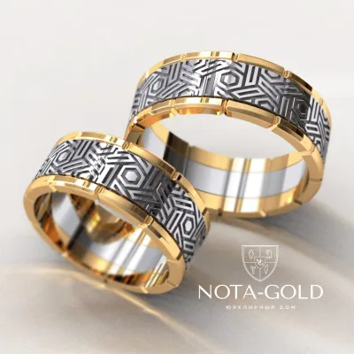 Обручальные кольца Максимум из белого и жёлтого золота с рисунком (Вес пары 14 гр.)