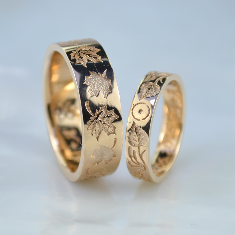 Обручальные кольца с изображением деревьев, листьев с почками берёзы и клёна (Вес пары:10,5 гр.)
